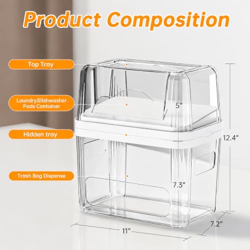 2-in-1 Trash Bag Holder Laundry & Dishwasher Pods Container,Garbage Bag Dispenser with Removable Lids,Kitchen Organizer and Under Sink Storage Box