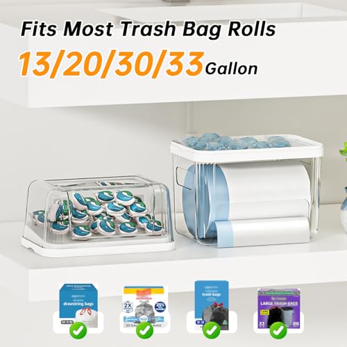 2-in-1 Trash Bag Holder Laundry & Dishwasher Pods Container,Garbage Bag Dispenser with Removable Lids,Kitchen Organizer and Under Sink Storage Box
