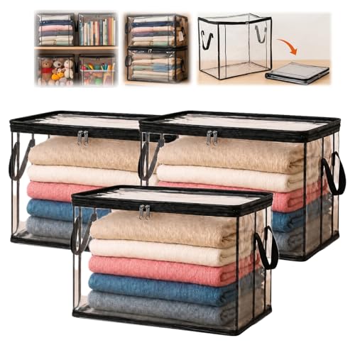 Extra Large Clear Pvc Storage Bags with Zipper Handles Heavy Duty Thick Plastic Clear Storage Bins for Clothes Blankets Toys Moving Foldable Closet Organizer Storage Containers (3, Black, L)
