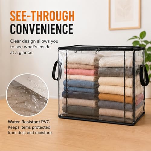 Extra Large Clear Pvc Storage Bags with Zipper Handles Heavy Duty Thick Plastic Clear Storage Bins for Clothes Blankets Toys Moving Foldable Closet Organizer Storage Containers (3, Black, L)