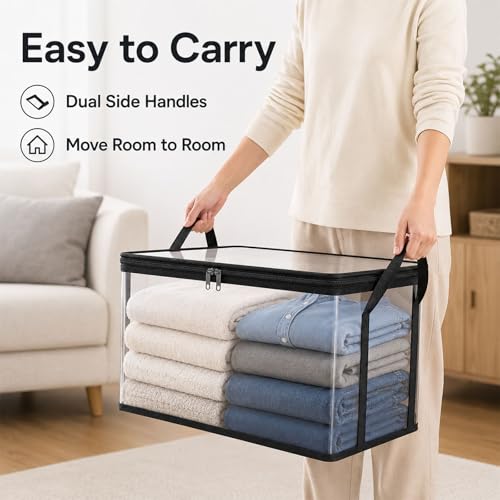 HICOOL Large Clear Thick Plastic Storage Box with Hinged Lid, Heavy-Duty Durable High Capacity Organizer, Perfect for Home, Camping, Travel, Attic and Moving (3 PCS)