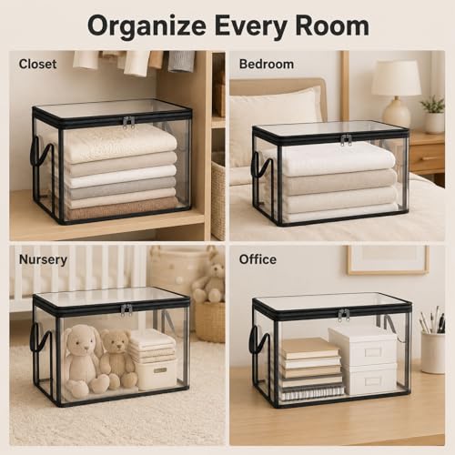 HICOOL Large Clear Thick Plastic Storage Box with Hinged Lid, Heavy-Duty Durable High Capacity Organizer, Perfect for Home, Camping, Travel, Attic and Moving (3 PCS)