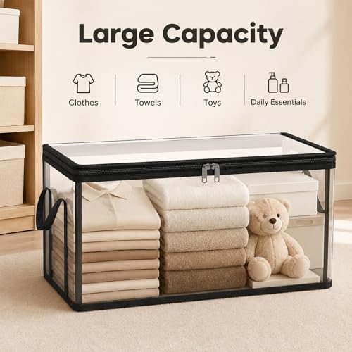 HICOOL Large Clear Thick Plastic Storage Box with Hinged Lid, Heavy-Duty Durable High Capacity Organizer, Perfect for Home, Camping, Travel, Attic and Moving (3 PCS)