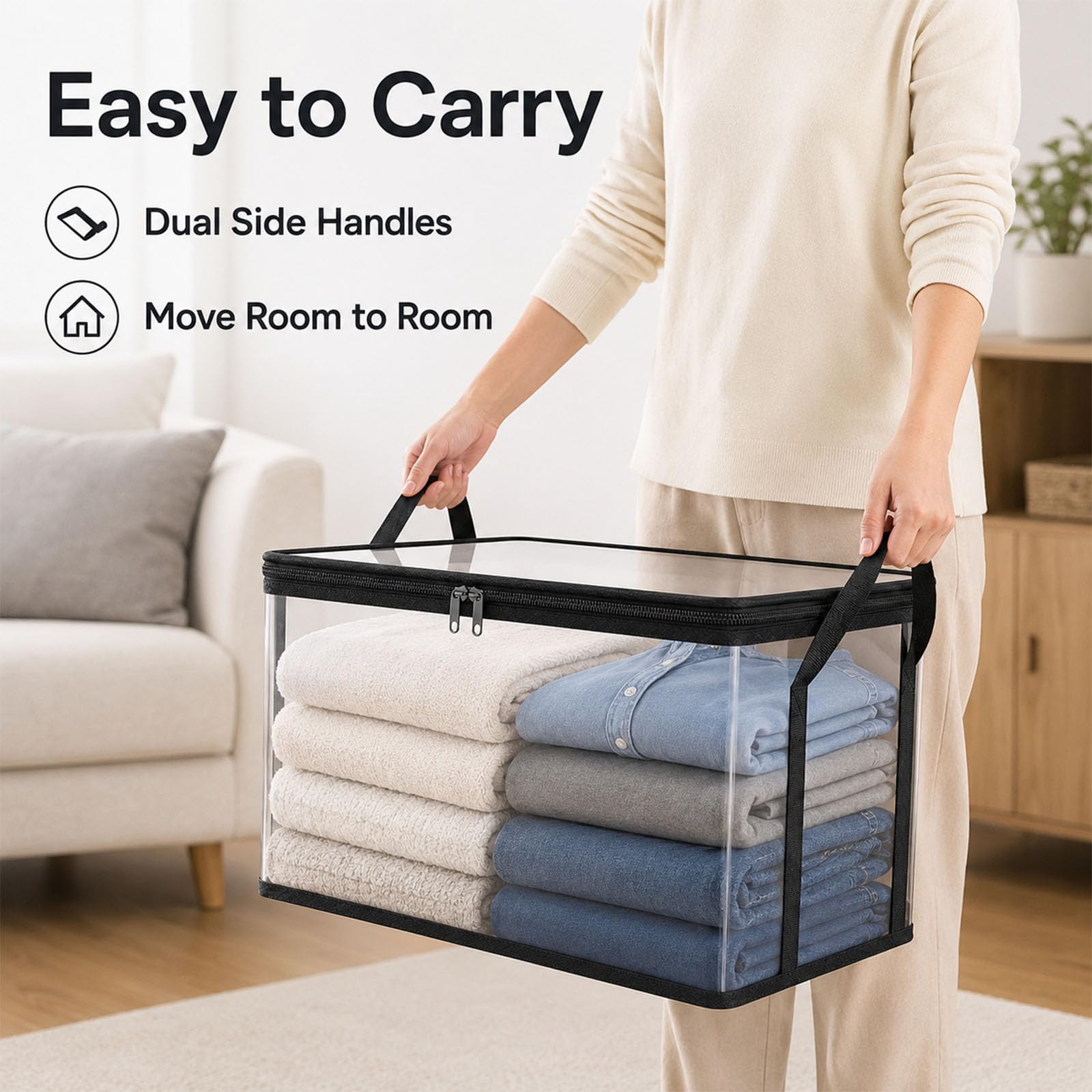 HICOOL Large Clear Thick Plastic Storage Box with Hinged Lid, Heavy-Duty Durable High Capacity Organizer, Perfect for Home, Camping, Travel, Attic and Moving (3 PCS)