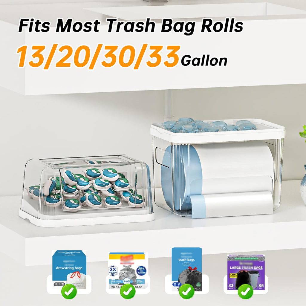2-in-1 Trash Bag Holder Laundry & Dishwasher Pods Container,Garbage Bag Dispenser with Removable Lids,Kitchen Organizer and Under Sink Storage Box