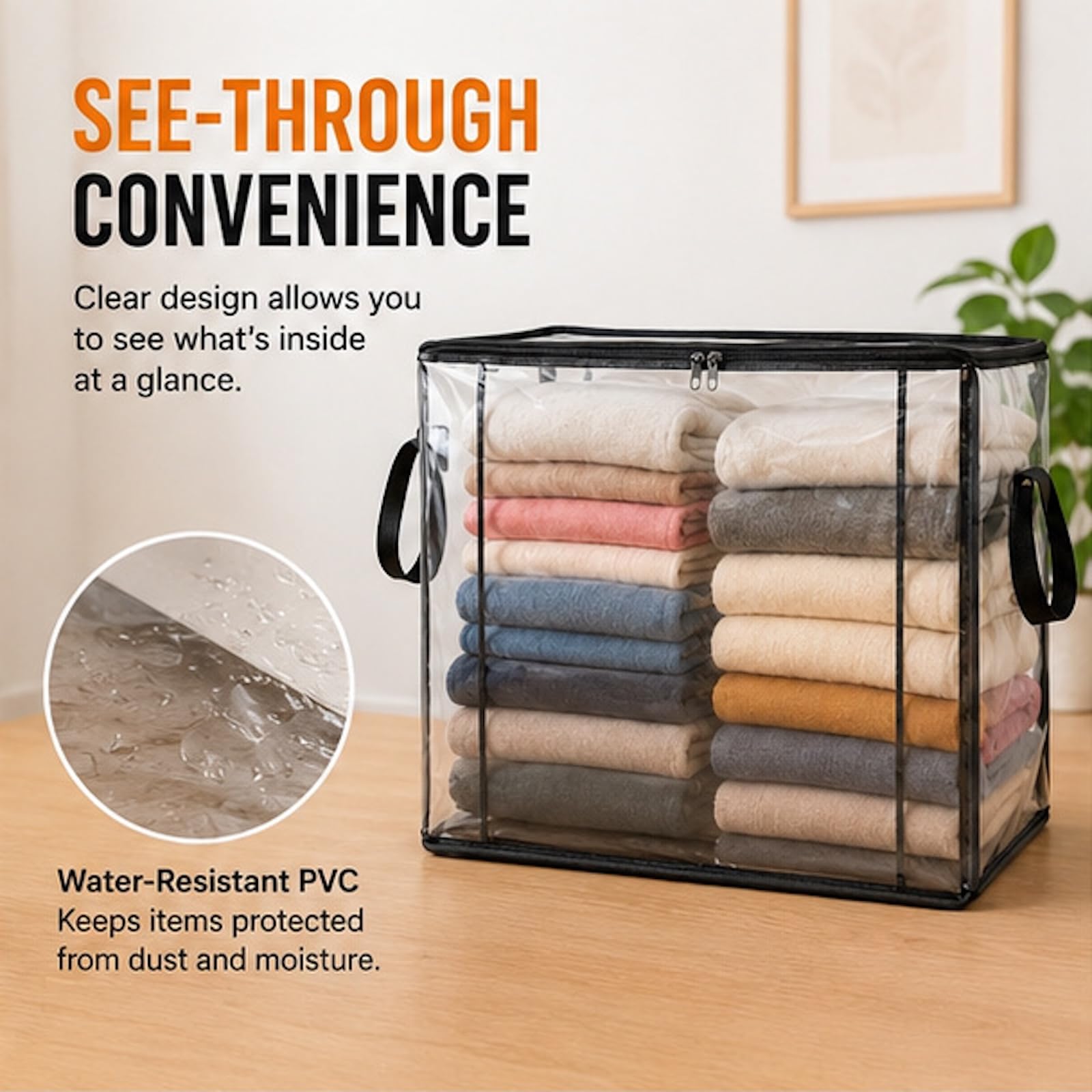Extra Large Clear Pvc Storage Bags with Zipper Handles Heavy Duty Thick Plastic Clear Storage Bins for Clothes Blankets Toys Moving Foldable Closet Organizer Storage Containers (3, Black, L)