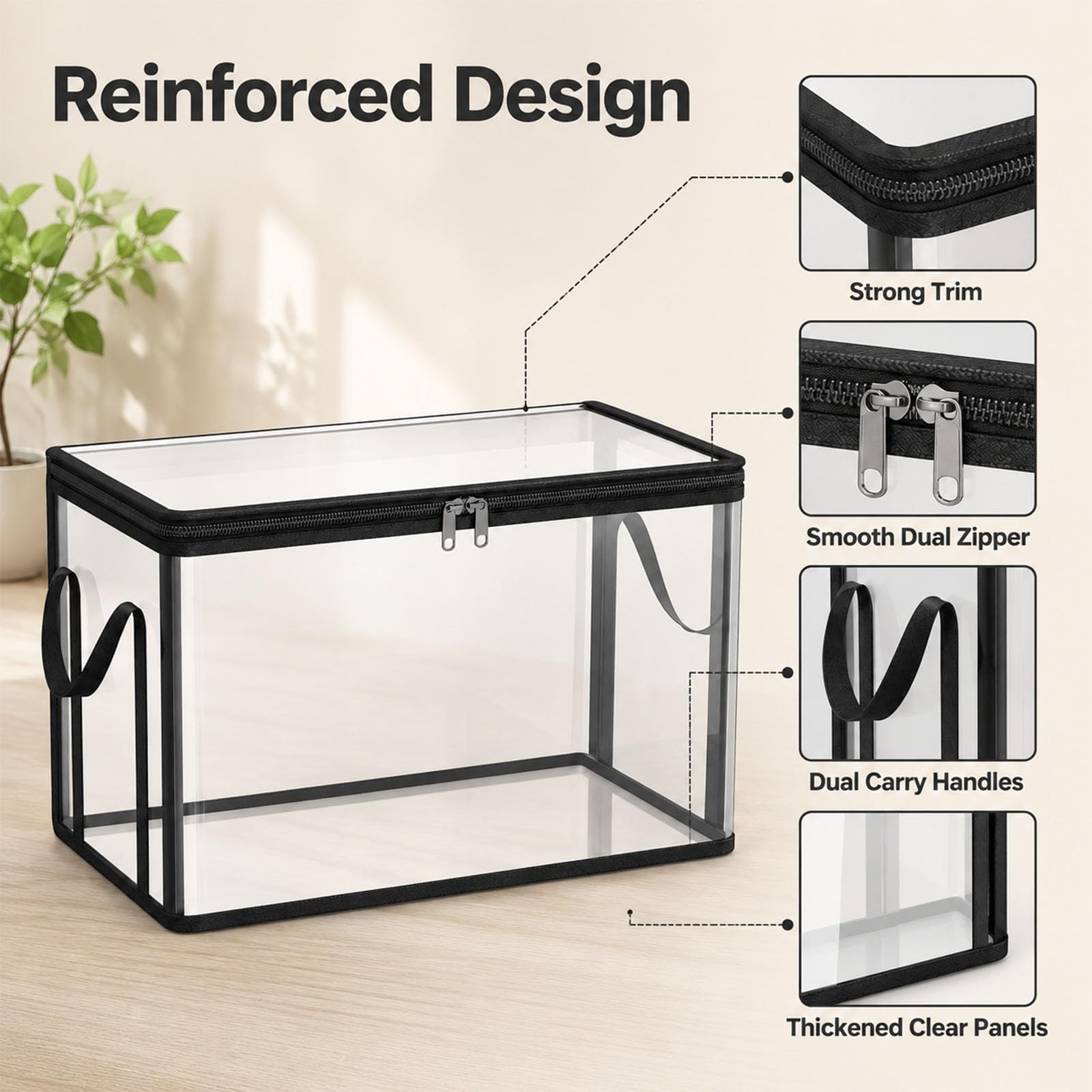HICOOL Large Clear Thick Plastic Storage Box with Hinged Lid, Heavy-Duty Durable High Capacity Organizer, Perfect for Home, Camping, Travel, Attic and Moving (3 PCS)