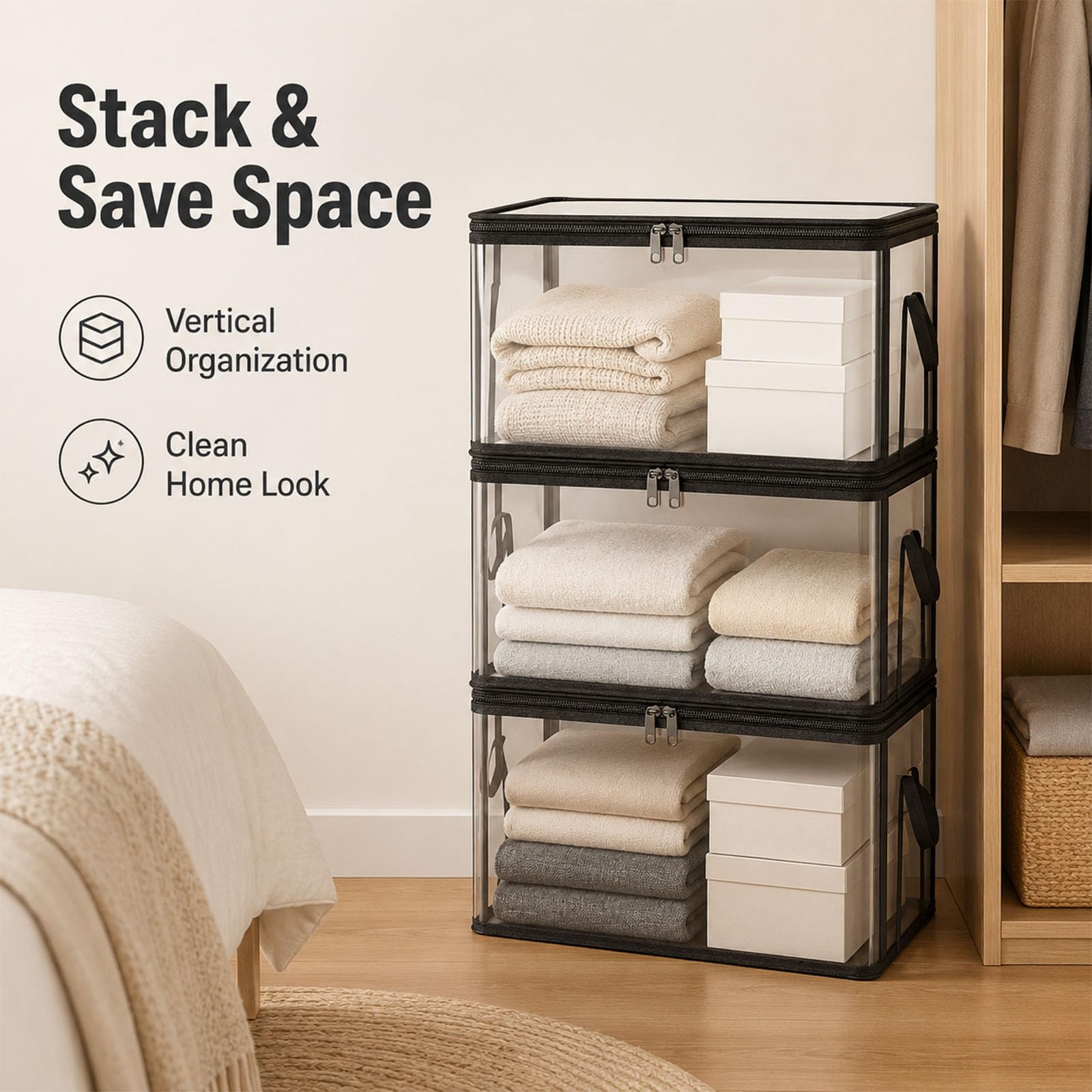HICOOL Large Clear Thick Plastic Storage Box with Hinged Lid, Heavy-Duty Durable High Capacity Organizer, Perfect for Home, Camping, Travel, Attic and Moving (3 PCS)
