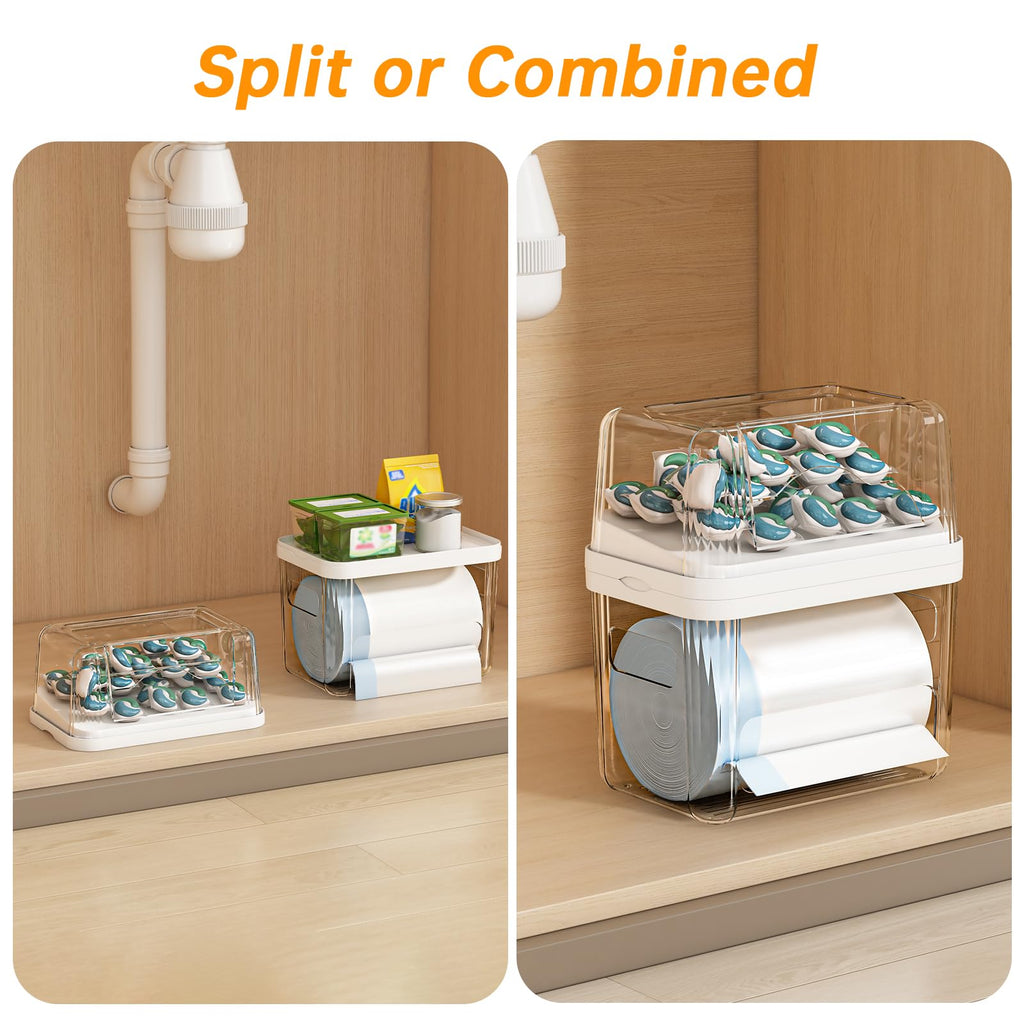 2-in-1 Trash Bag Holder Laundry & Dishwasher Pods Container,Garbage Bag Dispenser with Removable Lids,Kitchen Organizer and Under Sink Storage Box