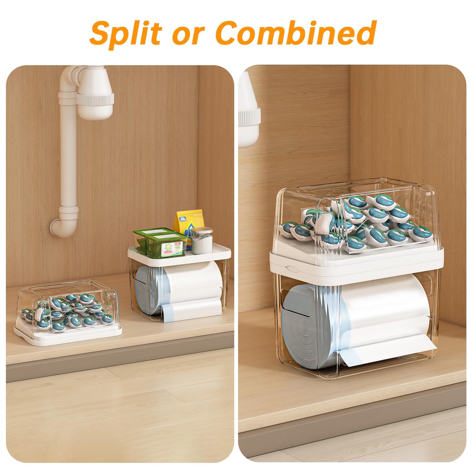 2-in-1 Trash Bag Holder Laundry & Dishwasher Pods Container,Garbage Bag Dispenser with Removable Lids,Kitchen Organizer and Under Sink Storage Box