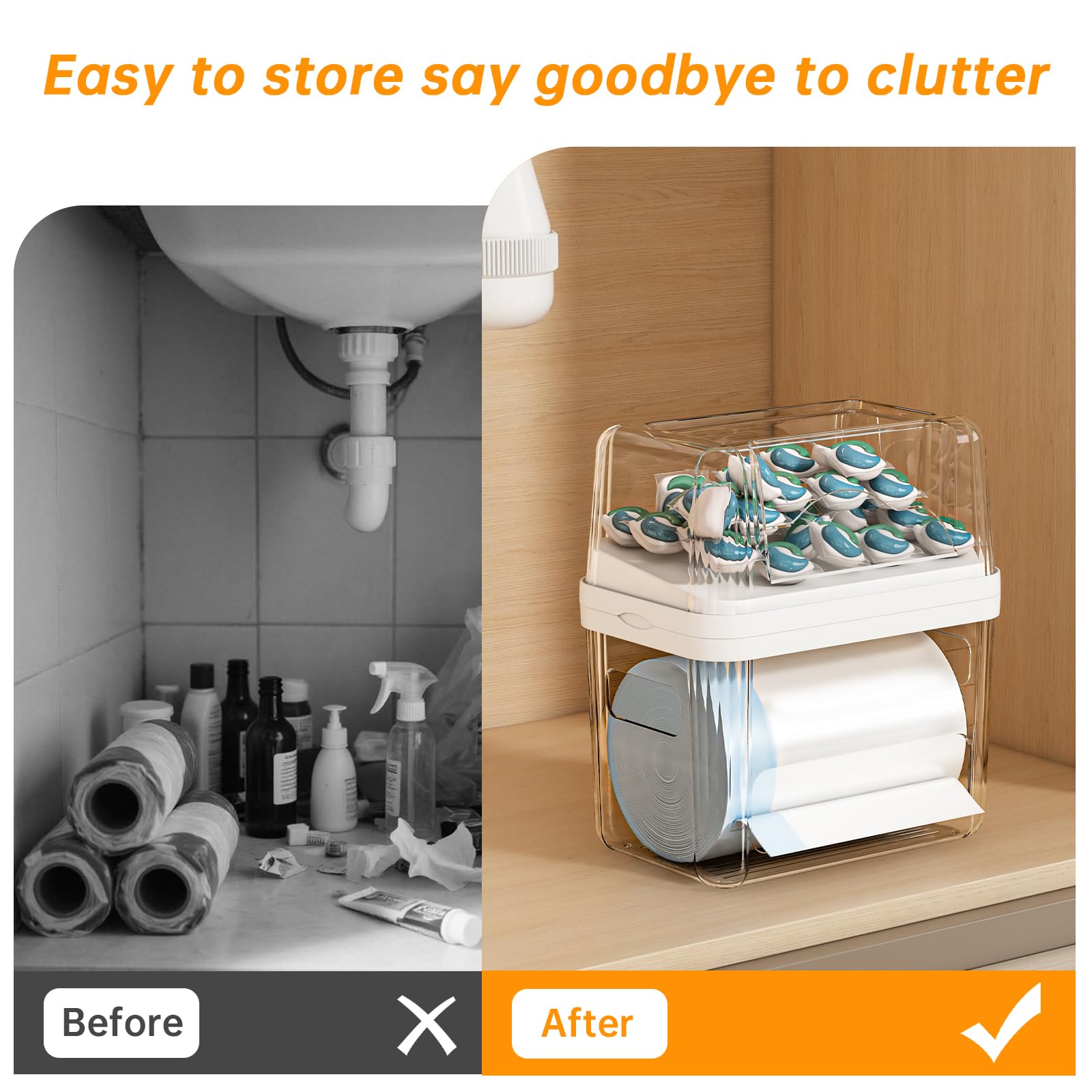 2-in-1 Trash Bag Holder Laundry & Dishwasher Pods Container,Garbage Bag Dispenser with Removable Lids,Kitchen Organizer and Under Sink Storage Box