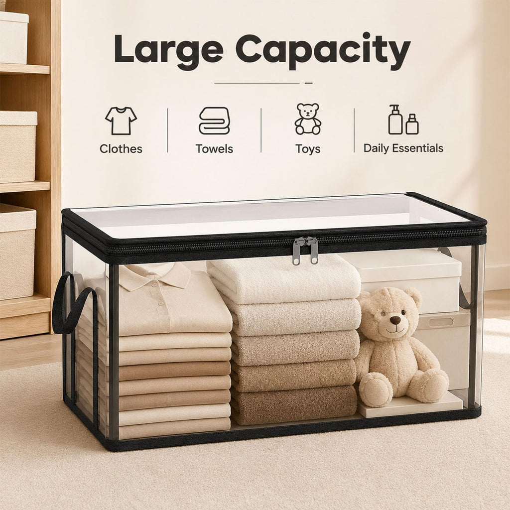 HICOOL Large Clear Thick Plastic Storage Box with Hinged Lid, Heavy-Duty Durable High Capacity Organizer, Perfect for Home, Camping, Travel, Attic and Moving (3 PCS)