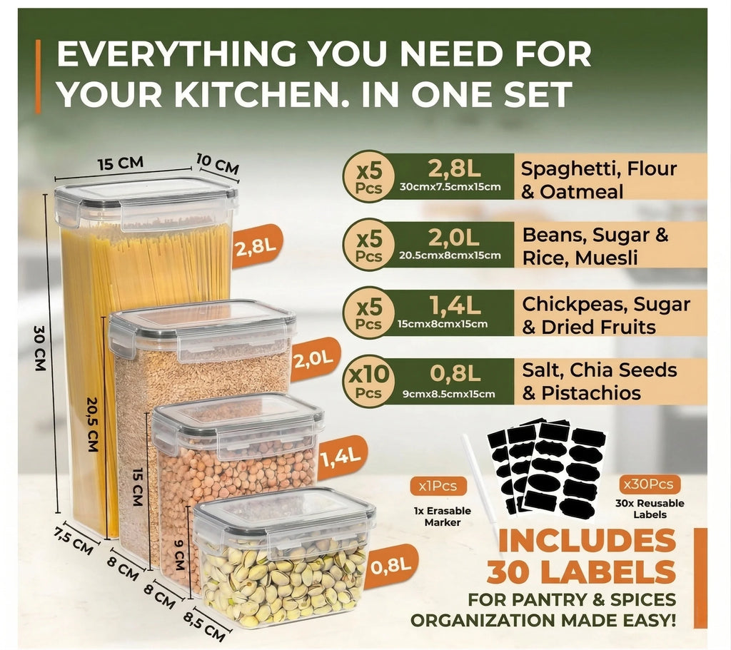 Airtight Food Storage Containers with Lids 25 Piece Set, BPA-Free Stackable Kitchen Pantry Organisation Boxes for Cereal, Pasta