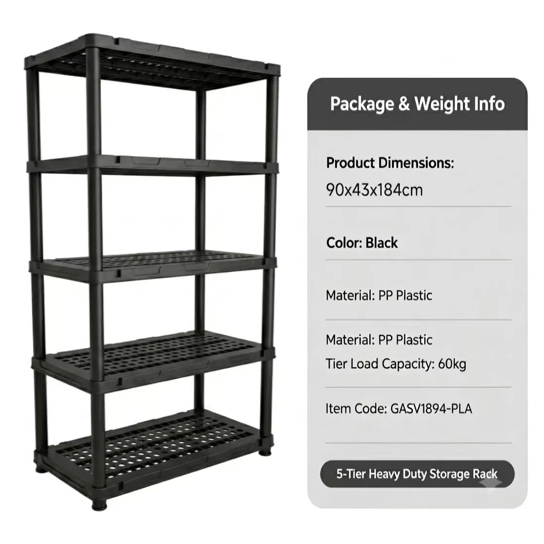 4 & 5 Tier Plastic Storage Shelving Unit, Heavy Duty Black PP Utility Rack, 3 Sizes Available Waterproof Organizer for Garage Kitchen Basement Laundry Pantry