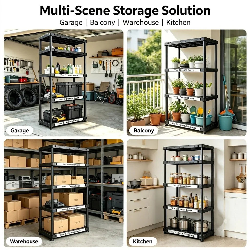 4 & 5 Tier Plastic Storage Shelving Unit, Heavy Duty Black PP Utility Rack, 3 Sizes Available Waterproof Organizer for Garage Kitchen Basement Laundry Pantry