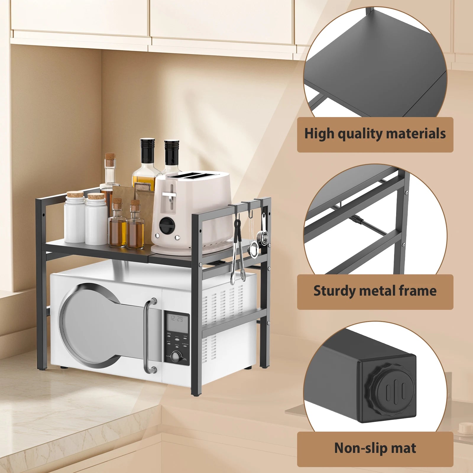 Expandable Microwave Rack, 2 Tier Microwave Rack with 6 Hooks, Microwave Rack, Baking Rack, Kitchen Countertop Organiser