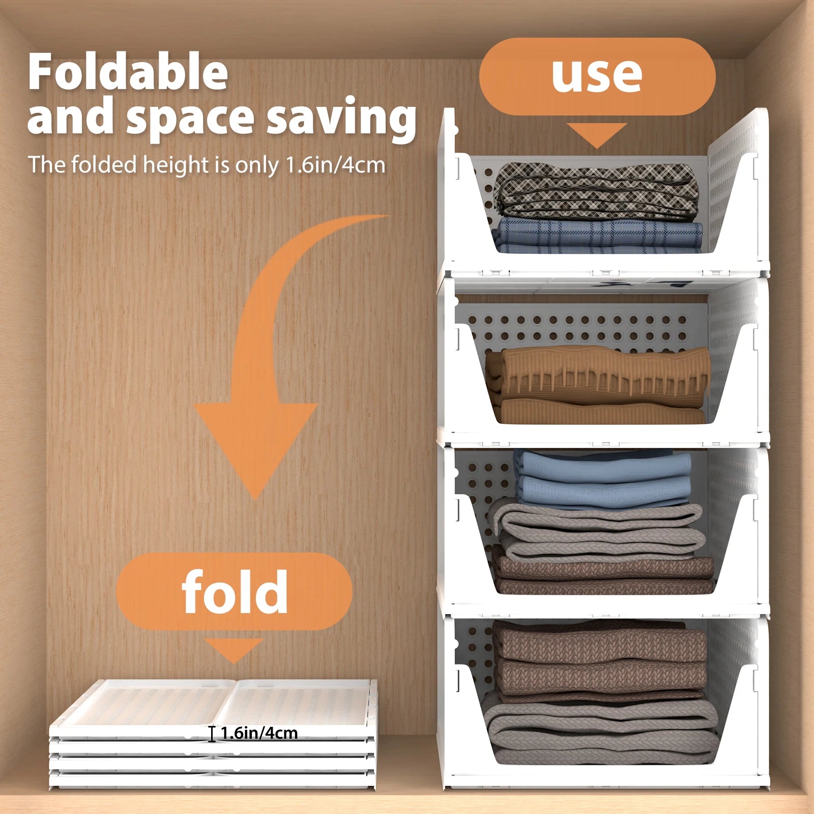 Wardrobe Storage Organiser, 4 Pack Stackable Storage Boxes Clothes Storage,Cupboard Storage Organiser, Under Sink Storage