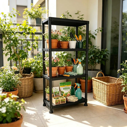 4 & 5 Tier Plastic Storage Shelving Unit, Heavy Duty Black PP Utility Rack, 3 Sizes Available Waterproof Organizer for Garage Kitchen Basement Laundry Pantry