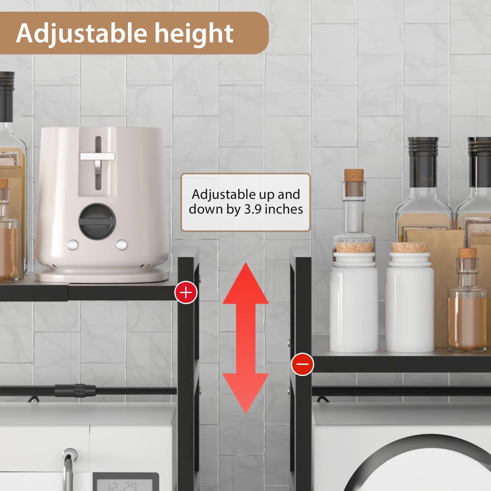 Expandable Microwave Rack, 2 Tier Microwave Rack with 6 Hooks, Microwave Rack, Baking Rack, Kitchen Countertop Organiser
