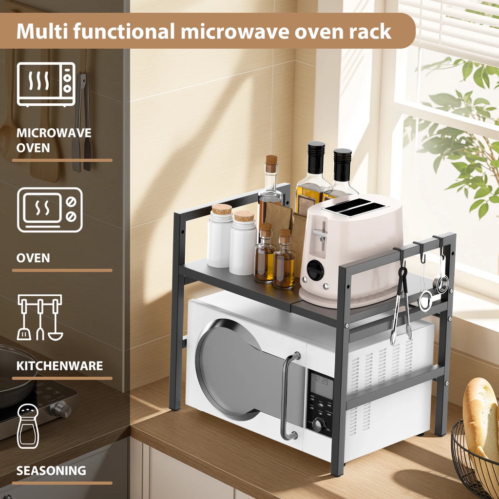 Expandable Microwave Rack, 2 Tier Microwave Rack with 6 Hooks, Microwave Rack, Baking Rack, Kitchen Countertop Organiser