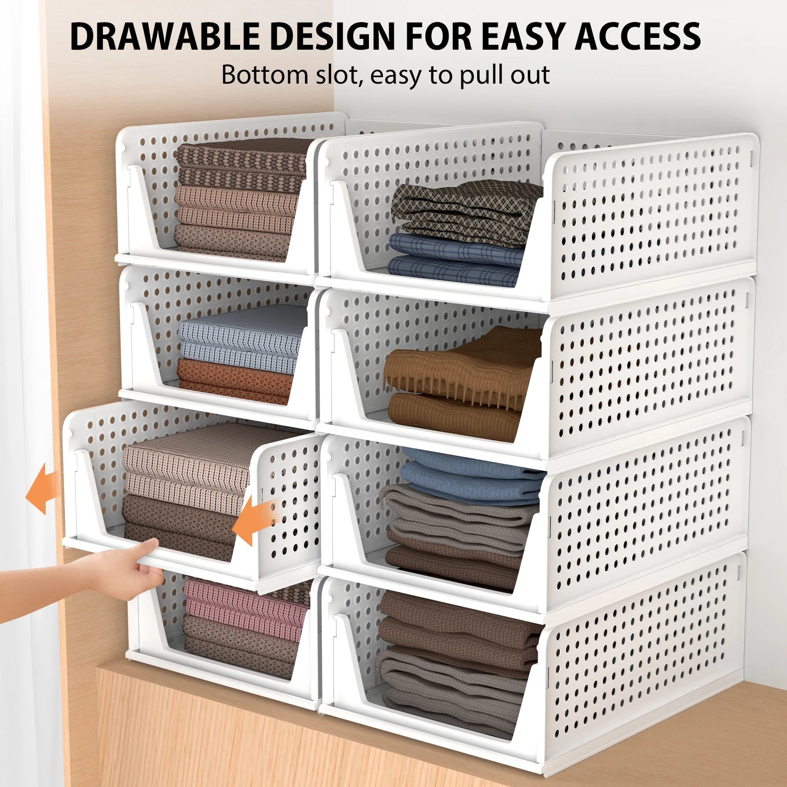 Wardrobe Storage Organiser, 4 Pack Stackable Storage Boxes Clothes Storage,Cupboard Storage Organiser, Under Sink Storage